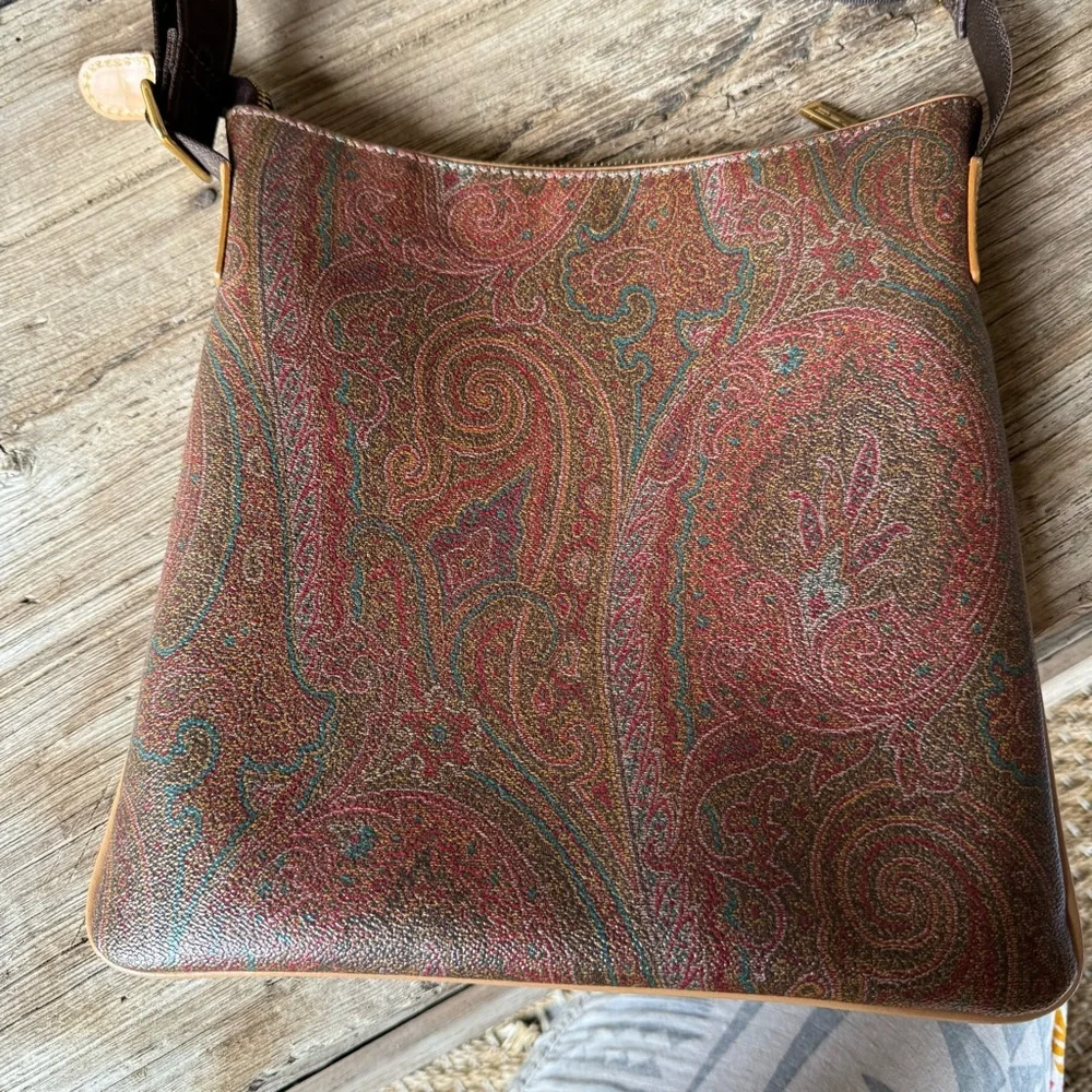 Etro Multicolor Paisley Bag Gold Hardware Leather Trim Canvas Strap